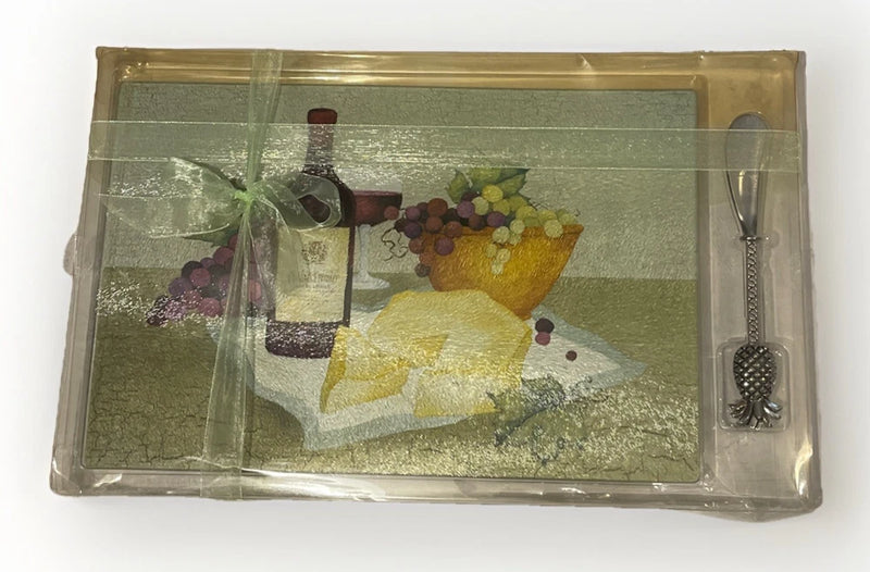Cheese Board & Spreading Knife with wine & cheese picture- Vintage - nib Model