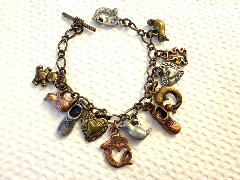 Vintage Child's Charm Bracelet 5"s Copper & Pewter Charms Charms