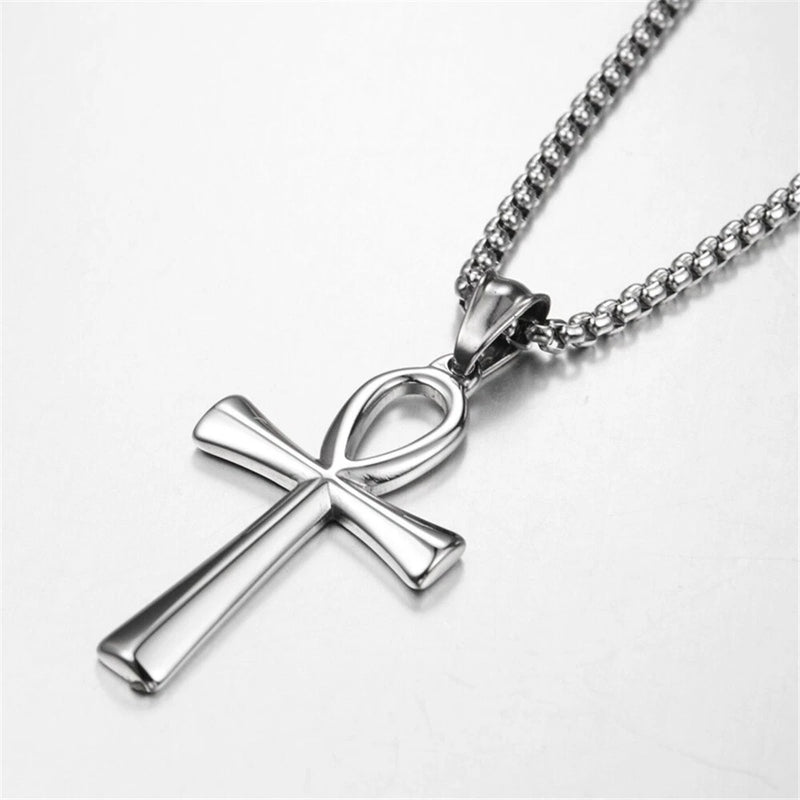 Men Women Cross Necklace Silver Stainless Steel Egyptian Ankh Pendant Chain Gift Charms