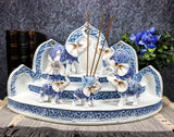 Blue And White Miniature Thai Elephants With Buddha Shrine Display Figurine Set Model