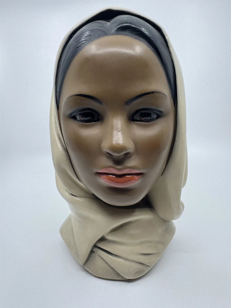Vintage Marwal Chalkware Woman Head Bust Woman Wearing a Hijab MCM 10-in Display Model