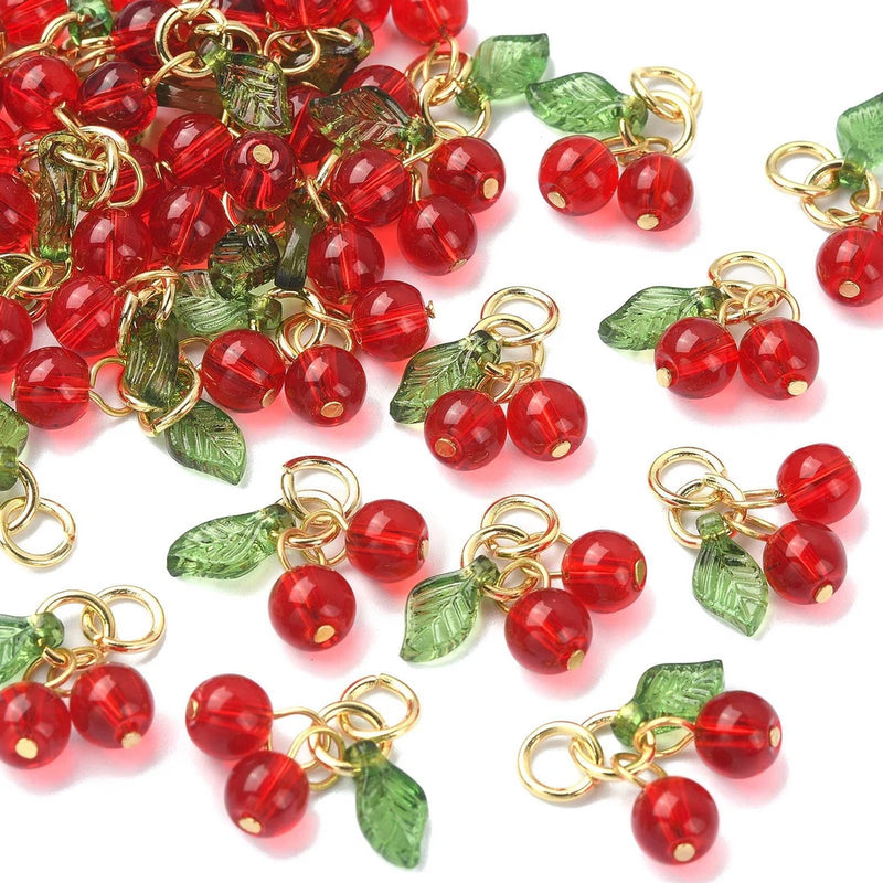 30x Glass Acrylic Cherry Charms Pendants for DIY Jewelry Making Supplies Charms