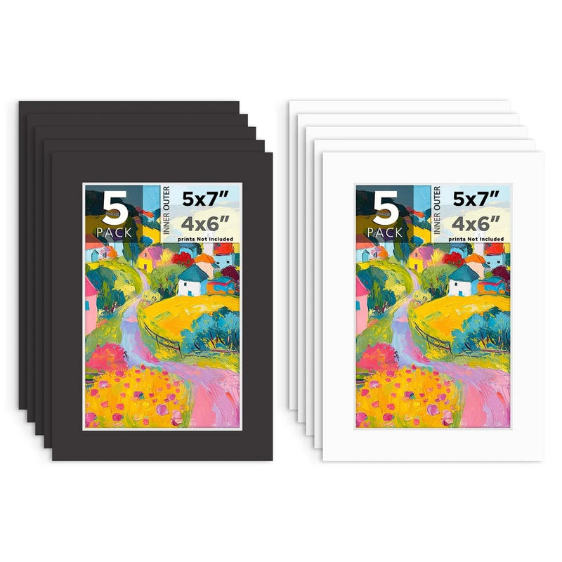 10 Pack 5x7 Black White Picture Mat Boards Fits 4x6 White Core Acid-Free Pre-Cut Model
