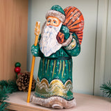 Russian Santa with Gift Bag 9 in, Hand Carved, Christmas Mantel Decor, Signed Model