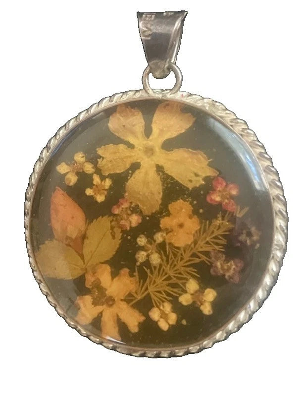 Mexico Sterling Silver Real Dried Flowers in Resin Charm Pendant 6.16g Charms