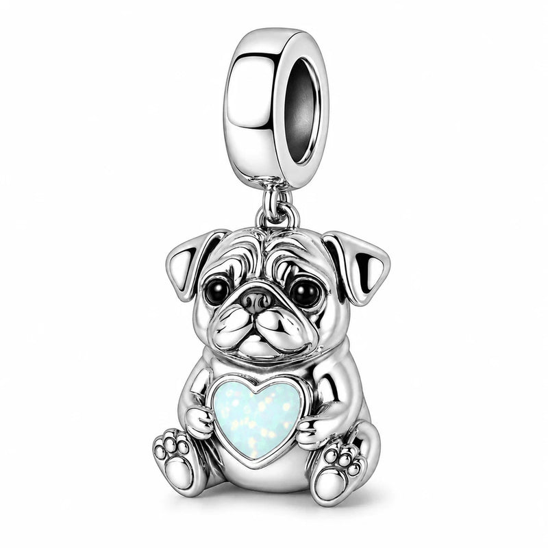 925 Silver Pug Holding Opal Heart Charm in Gift Box Charms