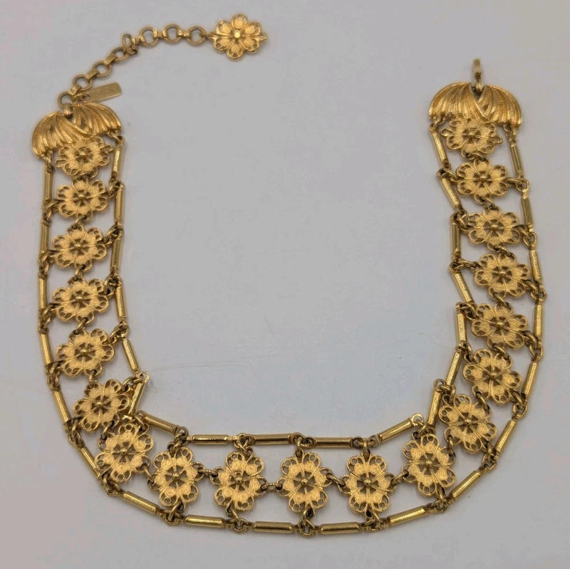 Monet Escambria Gold Tone Floral Filigree Link Bracelet Vintage Designer 60's Charms