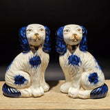 8" Antique Vintage Style Blue Staffordshire Spaniel Dog Figurine Pair Model
