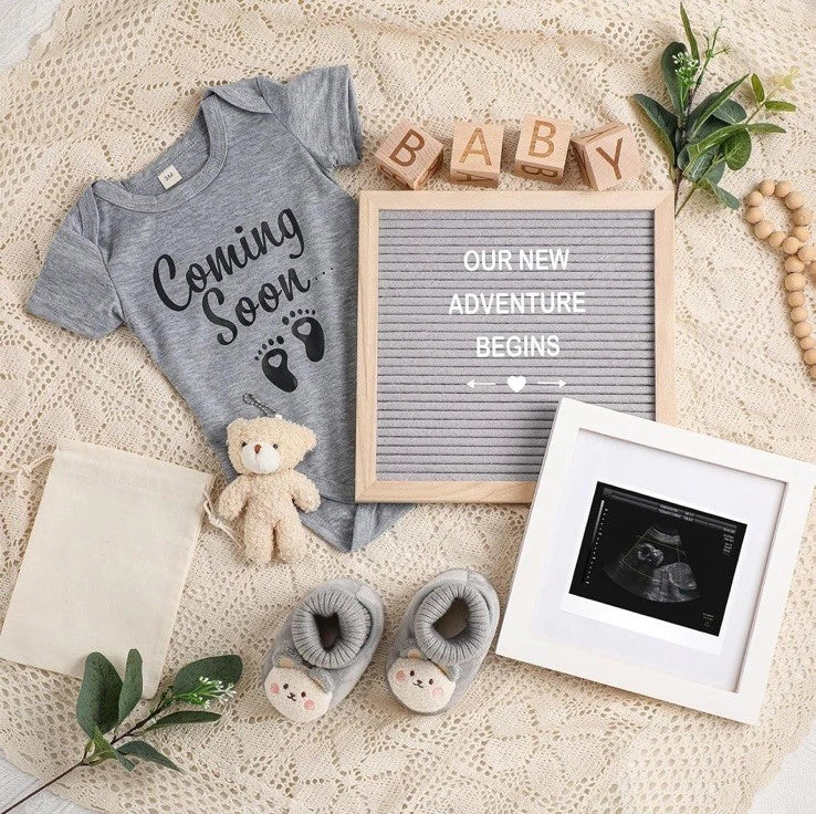 9 Pcs Pregnancy Announcements Set, Include Felt Letter Board Baby Bodysuit Shoes Model