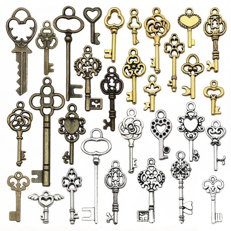 BLUK 100Pcs Key Mix Charms DIY Jewelry Making Pendants Antique Silver Bronze Charms