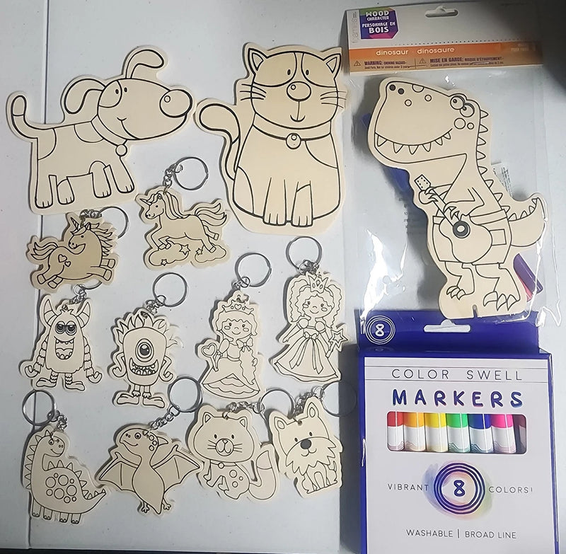 DIY Wood Dinosaur Unicorn Cat Dog Keychains Kids Art Craft Kit Bundle Lot Model