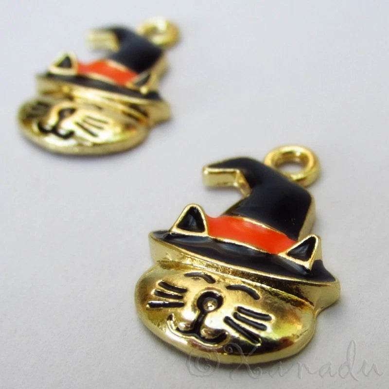Halloween Cat Black Enamel Gold Plated Pendant Charms C2907 - 2, 5 Or 10PCs Charms