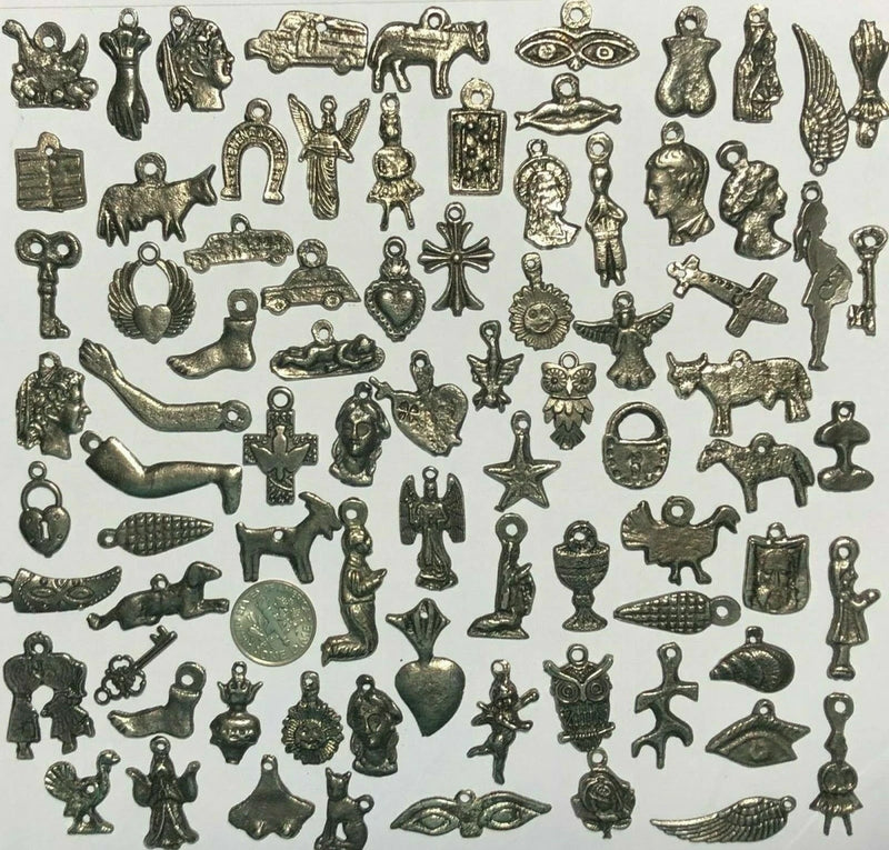 25 Milagro Charms Mexican Folk Art Dark Antique SILVER/Black Wholesale lot Charms