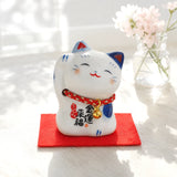 Japanese Maneki Neko Lucky Cat Figurine "Money" Blue White Ceramic Yakushigama Model