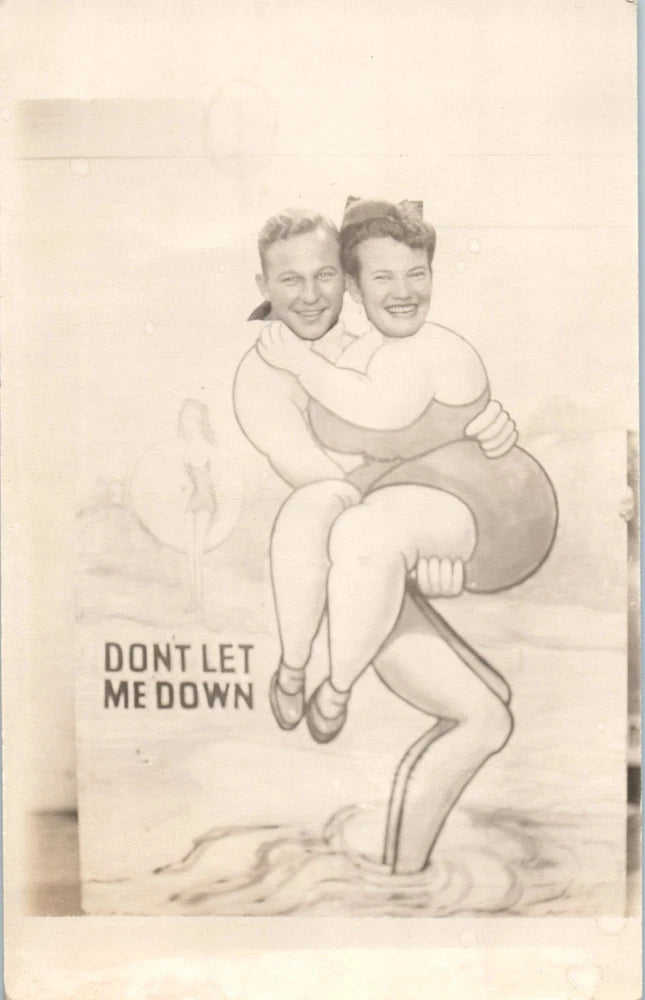 1950s RPPC Couple Posing Funny Carnival Cutout Board Dont Let Me Down Photo Model