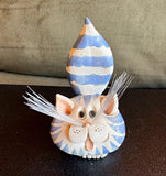 Pence Pets Clay Cat Hand Sculpture Card Holder Blue Stripped Signed Model
