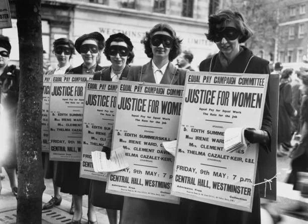 Masked women wearing sandwich boards during a poster parade advert- Old Photo 1 Model