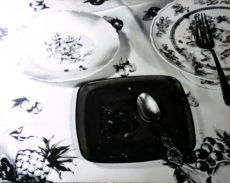 Vintage Art Board Photograph Black and White Dining Scene with Plates and Utensi Model