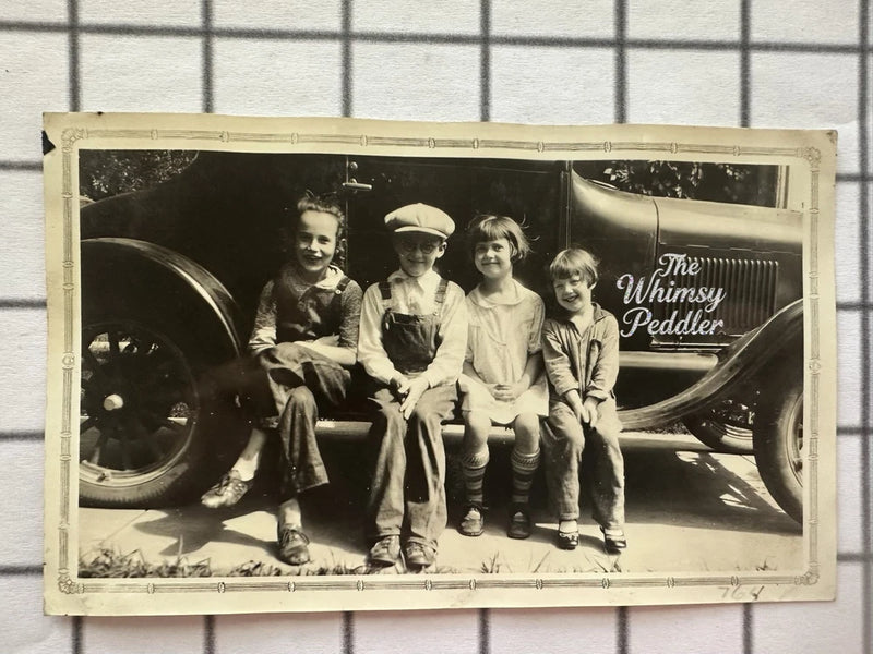 Vintage 1920s Four Children Sitting on Antique Automobile Running Board Model