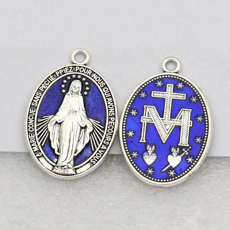 Blue Enamel Miraculous Medal Oval Pendant Charm Virgin Mary Silver-Tone 4 Sizes Charms