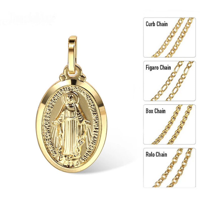 16"-24" Gold Plated Oval Virgin Mary Charm Pendant Necklace Multi Chain Unisex Charms