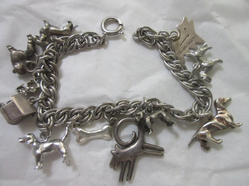 Vintage STERLING Charm Bracelet 11 DOGS Dachshund Poodle Beagle Bulldog Terrier Charms