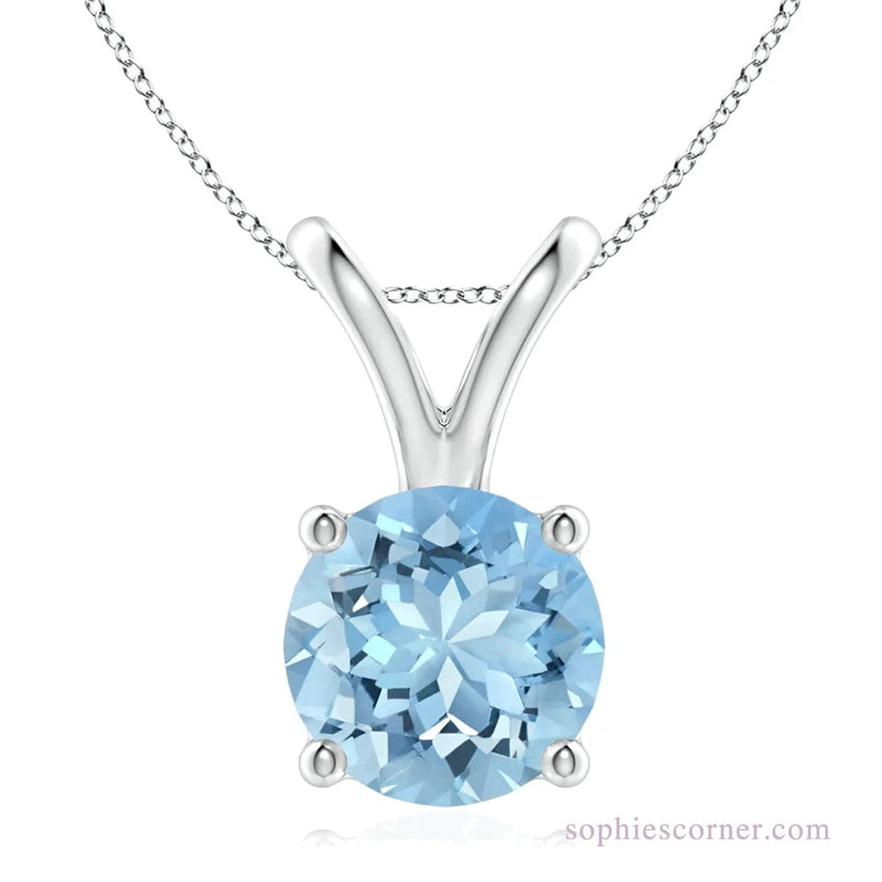 7mm Genuine Aquamarine Solitaire Round Pendant Necklace in Sterling Silver Charms