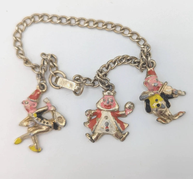 Vintage Circus Clown Charm Bracelet Enamel Figural Carnival Petite 6.5" Charms