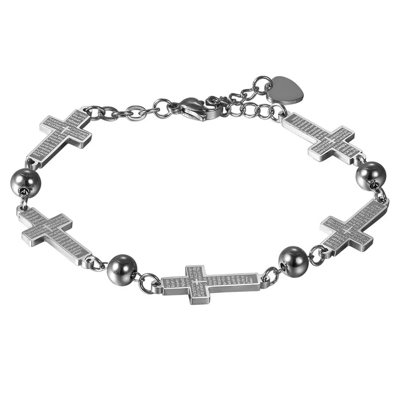 Womens Girls Stainless Steel LORD'S PRAYER Cross Charms Bracelet Link Chain Gift Charms