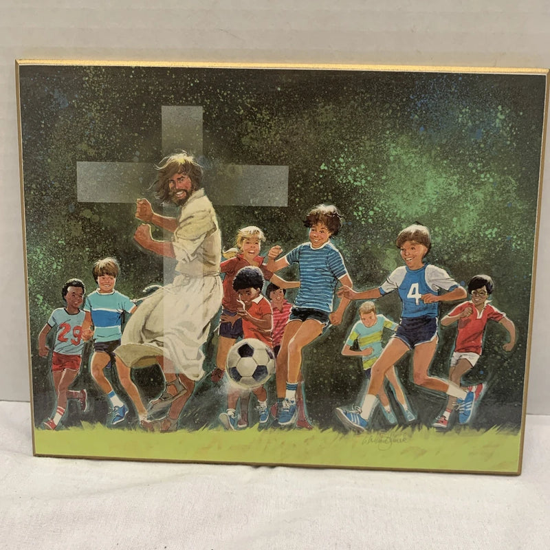 Catholic print picture-  JESUS PLAYING SOCCER   -   Mounted On Board Model