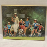 Catholic print picture-  JESUS PLAYING SOCCER   -   Mounted On Board Model
