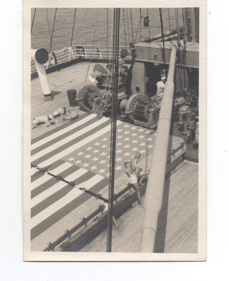 WWI Photo of Massive American Flag on Board US Ship Model