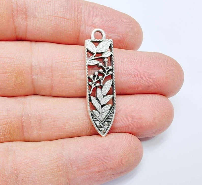 2 Leafy Flower Charms, Nature Earring Charms, Antique Silver 37x10mm G36804 Charms