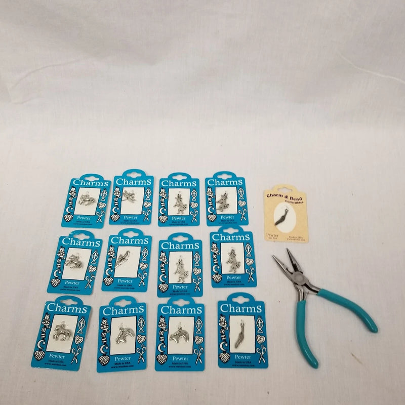 Lot Of 13 Pewter assorted charms on cards And 1pair Of Plyers Charms