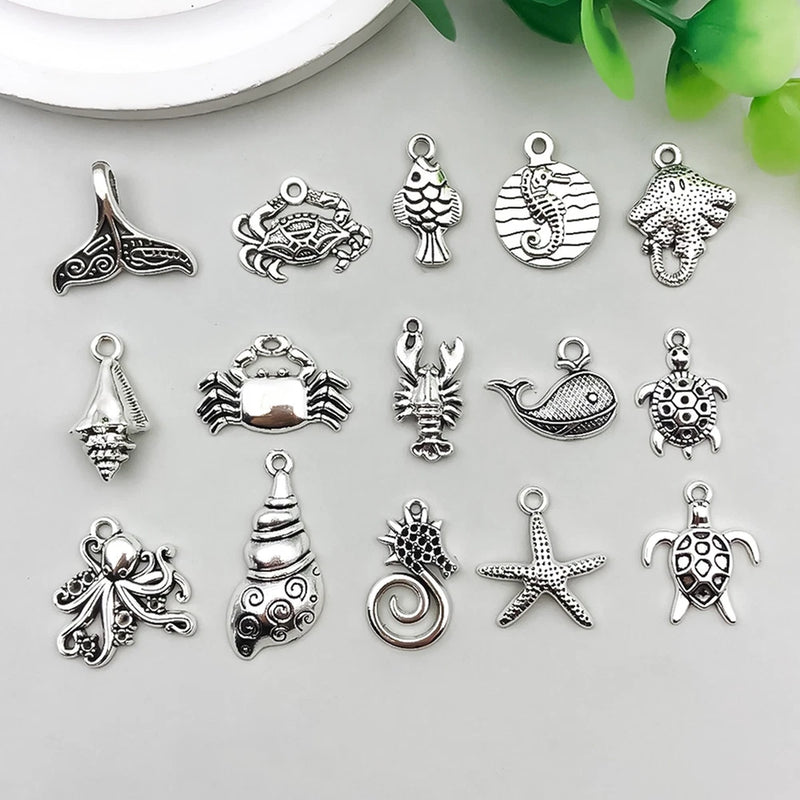 BULK 60Pcs Sea Animal Charms DIY Jewelry Making Pendants Antique Silver Charms