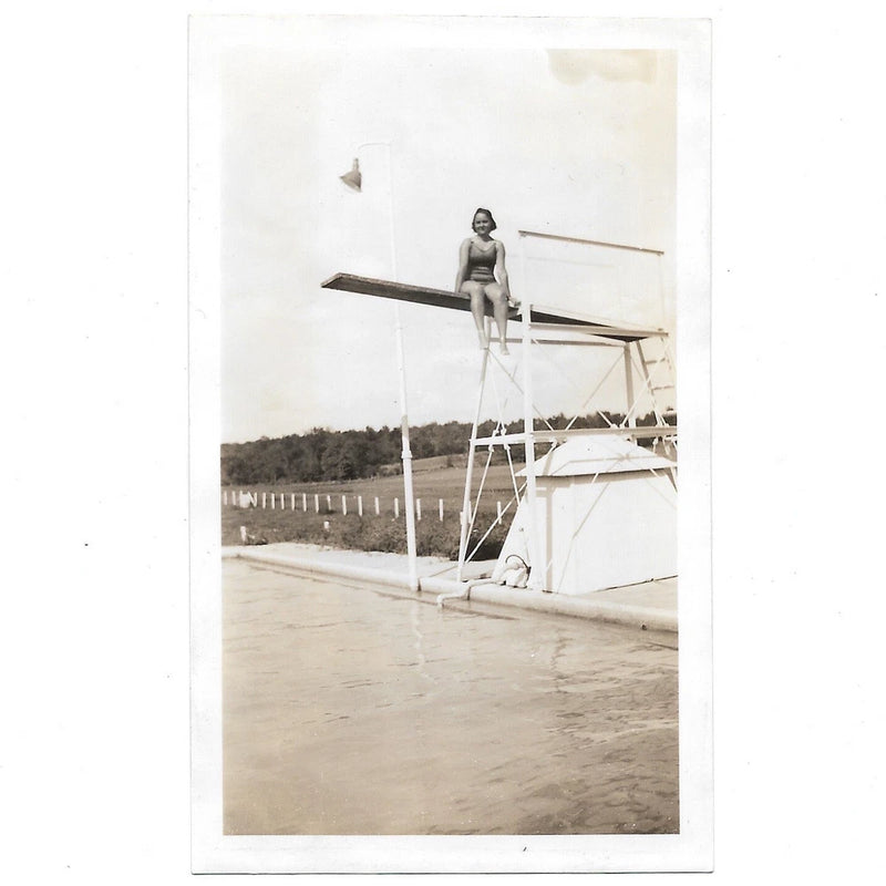 Vintage Photo Girl Sits On Pool Diving Board Old Shepard Farm Greenville NY 1939 Model