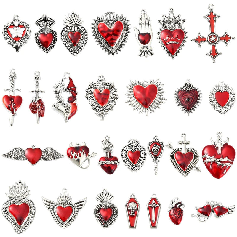 28pcs DIY Love Heart Shape Alloy Enamel Pendants Vintage Antique Silver Charms Charms