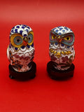 Vintage Chinese Cloisonne Owl Figurines Pair Enamel Brass Wood Stands Model