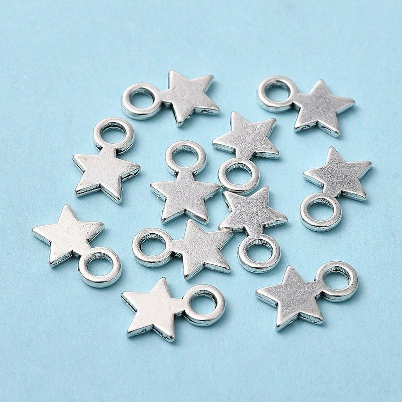 10 Star Charms Antiqued Silver Tiny Pendants Miniature Celestial Jewelry Making Charms