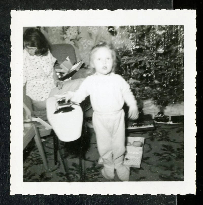 Vintage Christmas Photo TODDLER PLAYS w/ IRON AND IRONING BOARD Model