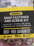 General Tools 12657 Snap Fastener & Screw Kit 12 Sets 6 Screw Bases (36 per box) Model