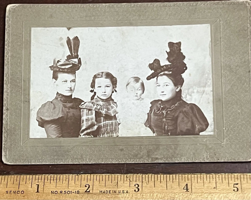 Photo on Board, 2 Females wearing Ornate Hats, and 2 Young Children, 5.25 x 3.5 Model