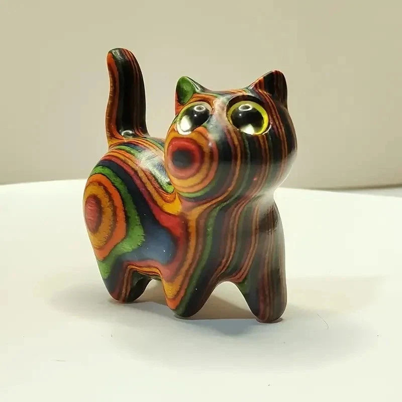 Hand Painted Wooden Cat Figurine Small Kitten Sculpture Home Decor Ornament Gift Model