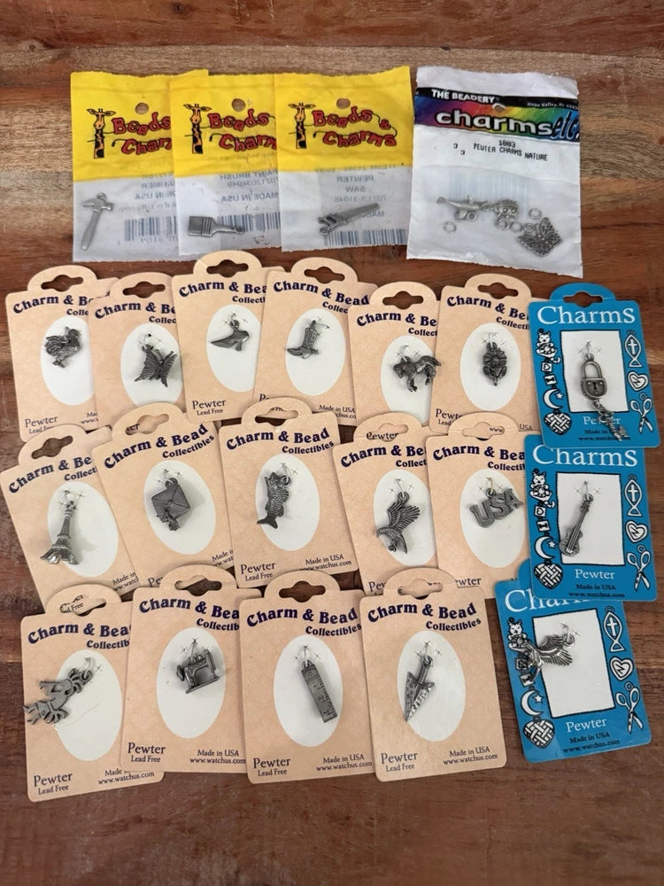 Lot Of 24 Pewter Charms NIP Charm & Bead Collectible Tools, USA, Garden, Sewing Charms