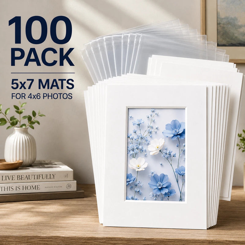 100 Pack 5x7 White Picture Mat Boards Fits 4x6 White Core Bevel Cut Framing Model