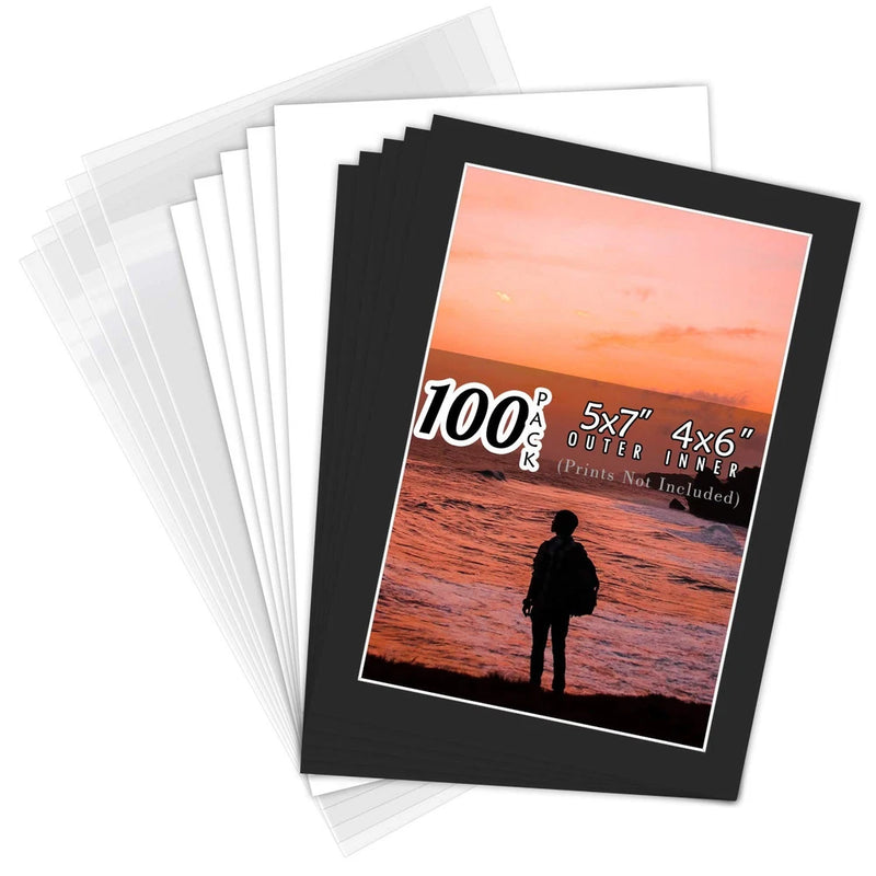 100 Pack 5x7 Black White Photo Mat Boards White Core Bevel DIY Picture Framing Model