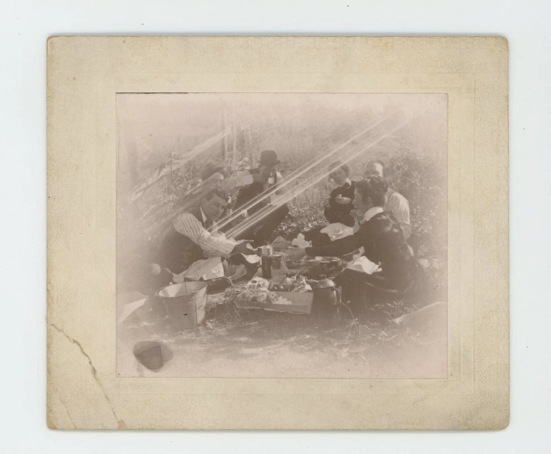 Vintage Antique Photo On Board Light Orbs Friends Gather Picnic Cakes Fun 1890s Model