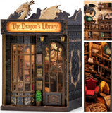 Dragon Library Book Nook Kit, DIY Wooden Dollhouse Scene, Lighted Book Shelf Model