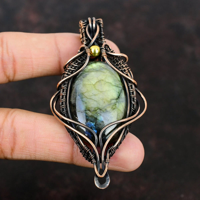 Labradorite Wire Wrapped Pendant Handcrafted Copper Ethnic Gift 3.07" Charms