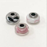 3pc Pandora Sterling Silver Pink, White, & Black Art Glass Slide Charms, 10.30g Charms